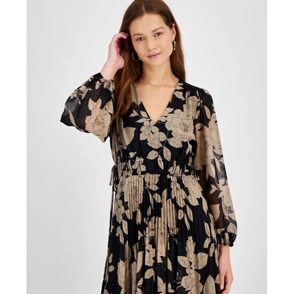 Taylor Womens Floral Chiffon V Neck Pleated Maxi Dress Black Taupe Size 16 NWT - Picture 3 of 5